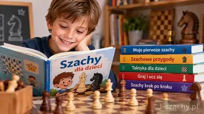 Dziecko czytające książkę szachową przy szachownicy