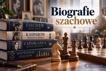 Biografie szachowe – książki o mistrzach szachów obok drewnianych figur i szachownicy